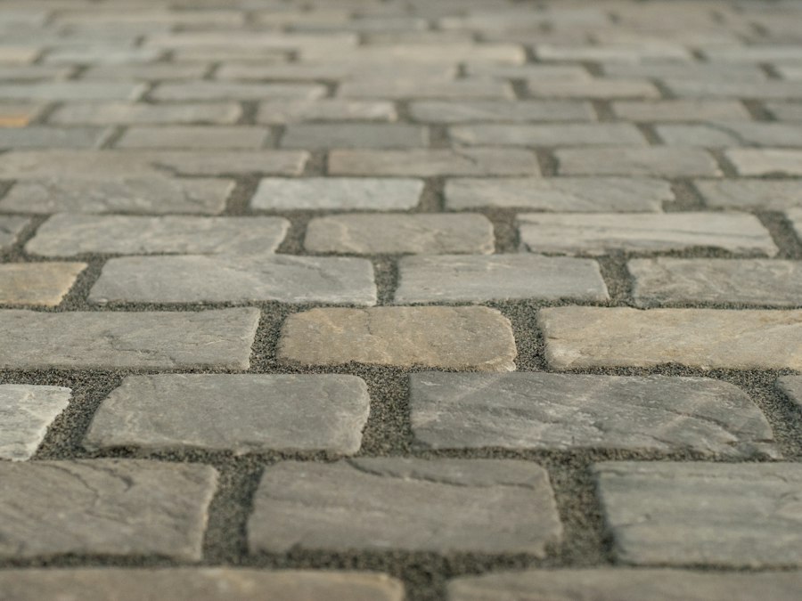 A curved paver walkway running through a lawn